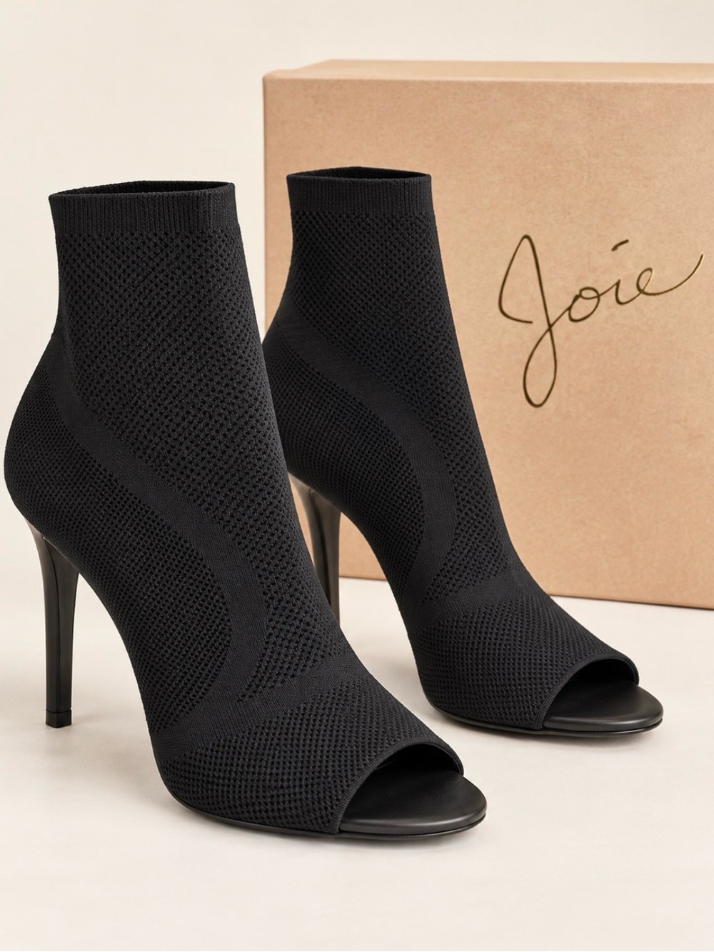Joie Adriel’ Black Open-Toe Knit Stiletto Ankle Booties